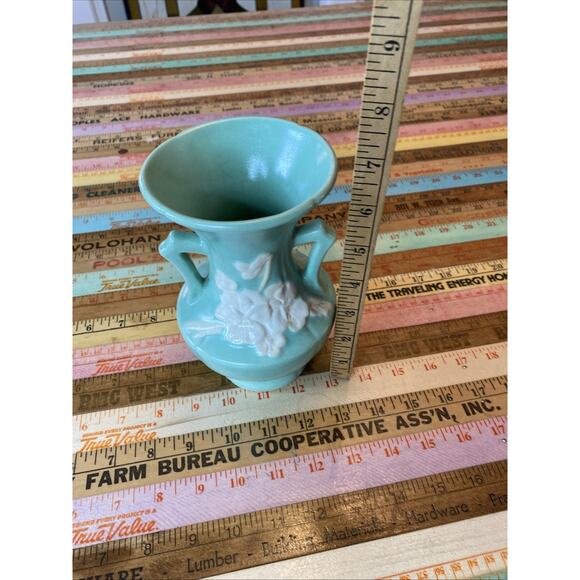 Vtg Weller Pottery Vase Double Handle Blue Floral Bouquet 30s Art Deco Nouveau - Picture 9 of 12